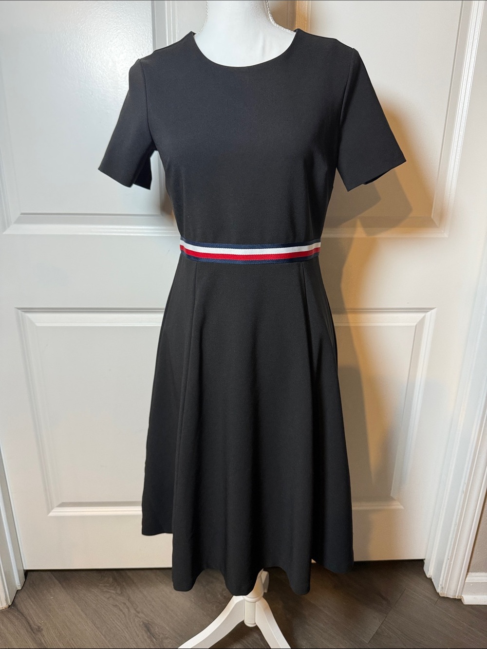 Classic Tommy Hilfiger Black Midi Dress with Red & White Waistband